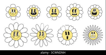 Lustige Doodle-Blumen mit ausdrucksstarken Comic-Gesichtern. Handgezeichnete florale Charaktere im Retro-Maskottchenstil, perfekt für Aufkleber, Kinderdesign, Poster, appar Stock Vektor