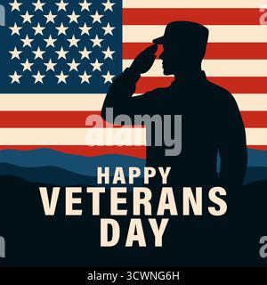 Happy Veterans Day USA-Banner mit Soldaten und Flagge. Veterans Day, 11. November - zu Ehren aller, die Poster-Vorlage servierten. Vektorabbildung Stock Vektor