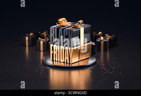 Luxuriöse Hintergrundschablone für Black Friday-Banner mit schwarzen und goldenen Geschenken und dem fetten Text, der eine große Geschenkbox auf dunklem Hintergrund in 3D-Beleuchtung bildet Stockfoto