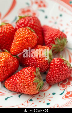 Frische reife Erdbeeren auf einer dekorativen Keramikplatte, Erdbeeren auf einem Teller, Nahaufnahme, selektiver Fokus Stockfoto