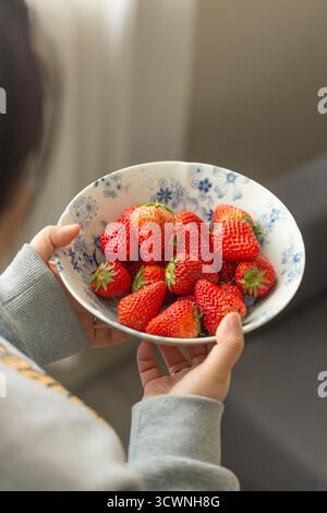 Hände halten eine Schüssel frischer, reifer Erdbeeren. Frau, die zu Hause eine Schüssel mit frischen Erdbeeren hält, Nahaufnahme. Gesunde Ernährung Stockfoto