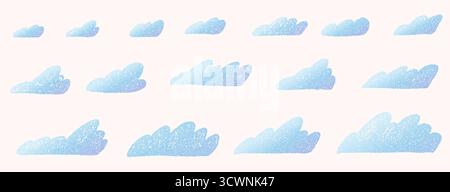 Set mit körnigen Wolken. Naives, strukturiertes Halbton-Sky-Pack. Strukturierte Wetterelemente für Kinder mit blauer Kreide. Sprühgeräusche kritzelnde Wolkenschilder. Vektorsammlung i Stock Vektor