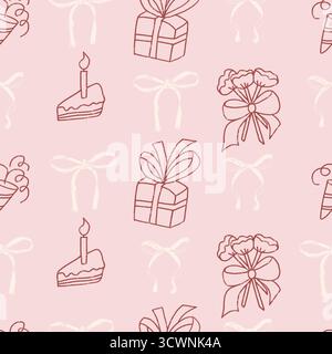 Coquette Hochzeitsfeier Buntstift nahtloses Muster. Geschenkboxen mit Band, Kuchen und Bouquet, endloser Hintergrund. Oberflächenmuster Geburtstagsmoti Stock Vektor