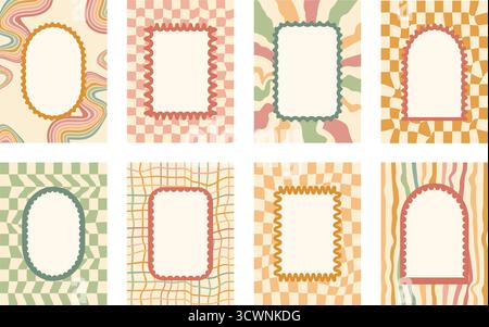 Rahmensatz für Farbrahmen. Gewellter, grooviger Bogen, rechteckige Ränder isoliert auf karierten und unebenen Regenbogenlinien Hintergrund. Y2K-Retro-Dekorationskalibrierung Stock Vektor