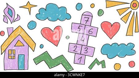 Happy Summer Naive Elements Buntstift gezeichnet Set. Haus, Hopscotch, Sonne und abstrakte Kritzelformen auf weißem Hintergrund. Kindergartennaive Figuren. Vektor Stock Vektor