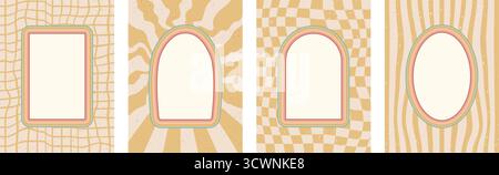 Ovaler, rechteckiger und gewölbter Rahmen Bannervorlagen-Set. Geometrische Kritzeleien mit Regenbogenstreifen. Ränder auf Distress-Linien und Raster b Stock Vektor