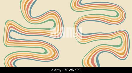 Groovige Regenbogenlinien im Hintergrund. Abdeckung in gewellten Streifen in Vintage-Farben. Verspieltes Design mit Wellenbogen. Vektor Retro Beige Wackelschmuck. Stock Vektor
