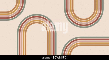 Retro-Boho-Regenbogenlinien Pfadhintergrund. Breites Banner mit abstraktem Muster mit boho-Streifen. Vektor Vintage, geschwungene Unterstriche geometrischer Hintergrund. Dyn Stock Vektor