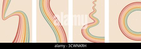 Set mit grafischen Hintergründen mit groovigen Regenbogenlinien. Gewellte Bogenstreifen und runde Vintage-Farbhüllen für Social Media-Sammlungen. Vektor Retro beige W Stock Vektor