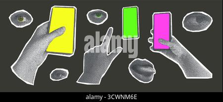 Halbtonhände halten Handys, Augen, Lippen Collage Set. Ausschneiden von Handys auf Handvorlagen für Frauen-Sticker für gemischte Medien. Smartphones mit leerem Bildschirm Stock Vektor