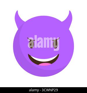 Lilafarbenes Gesicht des Teufels. Fröhliches böses Maskottchen. Lächelnder Dämon Vektor Charakter. Verspieltes gehörntes Emoji. EPS 10. Stock Vektor