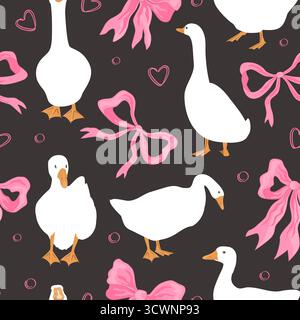 Nahtloses Muster mit rosafarbenen Schleifen und Gänsevögeln. Niedliches Kinderzimmer und mädchenhafter Hintergrund. Vektorabbildung Stock Vektor
