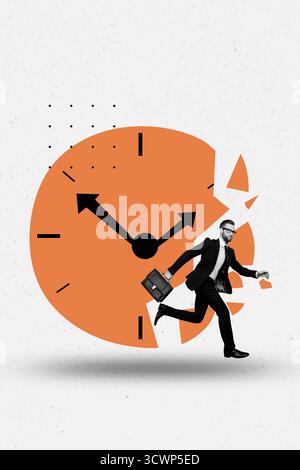 Vertikales Bild Zine Art Pop Trend Collage des seriösen Geschäftsmannes Lauf Zeit Uhr gebrochen spät Frist Grenze Ablauf Countdown Stockfoto