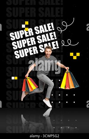 3D-Foto-Collage-Vorlage Trend-Composite aus jungen Mann Walk Smile Hold Bag Kunden Shopping Sale Black friday Rabatt Angebot Shopaholic Stockfoto