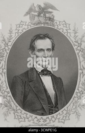 Abraham Lincoln (1809-1865). Amerikanischer Politiker und Anwalt. 16. Präsident der Vereinigten Staaten von Amerika, vom 4. März 1861 bis zu seiner Ermordung am 14. April 1865 im Ford's Theatre in Washington, D.C. Lincoln führte die Vereinigten Staaten während des Amerikanischen Bürgerkrieges, besiegte die Konföderierten Staaten und spielte eine wichtige Rolle bei der Abschaffung der Sklaverei. Hochformat. Gravur. Geschichte der Vereinigten Staaten von Amerika, von J. A. Spencer. Band III. Ausgabe in Barcelona, 1873. Stockfoto