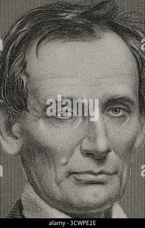Abraham Lincoln (1809-1865). Amerikanischer Politiker und Anwalt. 16. Präsident der Vereinigten Staaten von Amerika, vom 4. März 1861 bis zu seiner Ermordung am 14. April 1865 im Ford's Theatre in Washington, D.C. Lincoln führte die Vereinigten Staaten während des Amerikanischen Bürgerkrieges, besiegte die Konföderierten Staaten und spielte eine wichtige Rolle bei der Abschaffung der Sklaverei. Hochformat. Gravur. Details. Geschichte der Vereinigten Staaten von Amerika, von J. A. Spencer. Band III. Ausgabe in Barcelona, 1873. Stockfoto