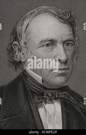 Zachary Taylor (1784-1850). Amerikanischer General. 12. Präsident der Vereinigten Staaten von Amerika (1849-1850). Hochformat. Kupferstich von T.W. Hunt aus einem Daguerrotype von Brady. Details. Geschichte der Vereinigten Staaten von Amerika, von J. A. Spencer. Band III. Ausgabe in Barcelona, 1873. Stockfoto