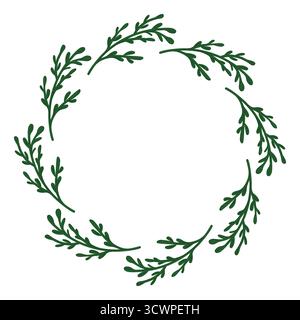 Kreisförmiger Kranzrahmen mit grünem botanischem Ast im Kreis auf weißem Hintergrund in flacher Form. Leerer Mittelbereich für Text oder Designelement. Stock Vektor