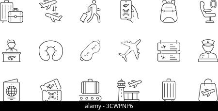 Symbolsatz Travel And Airport Essentials Line. Sammlung Von Symbolen Für Flugreisen, Gepäck, Bordkarten Und Sicherheitsinformationen. Flug- Und Passagierdienste Stock Vektor