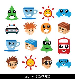 Emoji emoticon Ausdruck Symbole im Stil Cartoon Sammlung Gesicht Symbole Grafiken Piktogramm Spaß Menschen Lächeln Bild Stock Vektor