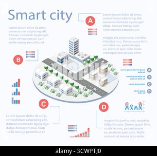 Smart City isometrische Infografiken mit Wolkenkratzern, Gebäuden und Straßen. Konzept der Stadtentwicklung und Statistik in Grafiken Stock Vektor
