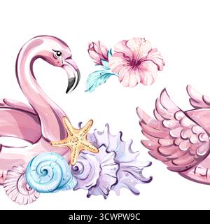 Nahtlose Hintergrundtapete mit tropischen Elementen wie rosa Flamingos, Muscheln und leuchtenden Blumen, die wunderschön für den Sommer angeordnet sind Stock Vektor
