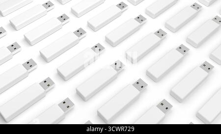 Pendrives. Isoliert auf weißem Hintergrund. USB-Flash-Laufwerke. Datenspeichergeräte. Stiftlaufwerke. Leer. 3D-Abbildung. Stockfoto