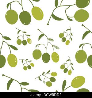 Hand gezeichnete grüne Oliven auf Zweigen mit Blättern nahtlose Muster Vektor-Illustration Stock Vektor