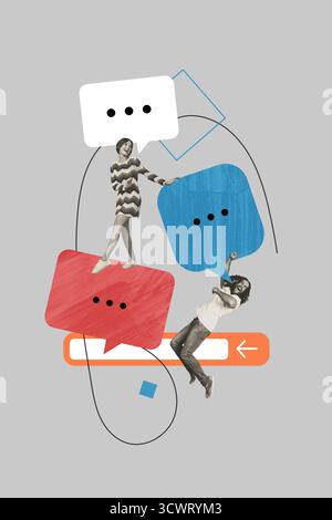 Sketch-Bild-Artwork Composite 3D-Fotocollage von zwei jungen Freunden Mann Dame Hang Lächeln Sprache Cloud Dialog Talk Say Message App Stockfoto