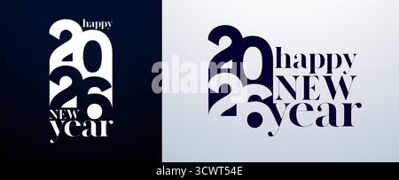 Happy New Year 2026 Logo Typografie Design mit abstrakter Zahl auf weißem und schwarzem Hintergrund. Weihnachtsfeiertag Grußkarte Illustration mit Stock Vektor