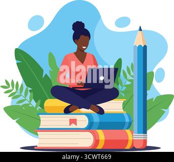 Frau, die online lernt, sitzt auf einem Stapel Bücher mit Laptop und einer riesigen Bleistiftillustration Stock Vektor