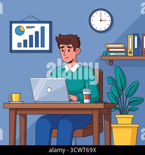 Mann, der auf einem Laptop am Schreibtisch arbeitet, mit Diagrammen, Uhrwerk und Büchern im Home Office-Umfeld Illustration Stock Vektor