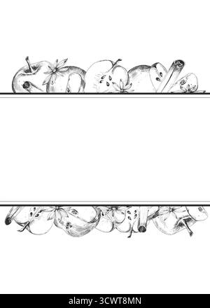 Vorgefertigte Postkarte oder Einladung von Äpfeln, Zimtzecken und Sternanis in Grenzen und Platz für Text. Schwarz-weiße Tusche, handgezeichnete Illustration Stockfoto