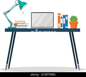 Minimalistischer Arbeitsbereich mit Schreibtischlampe für Laptops und Topfpflanze für Studien- oder Arbeitszwecke Stock Vektor