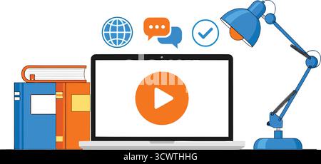 Online-Lerneinrichtung mit Schreibtischlampe für Laptops und Bildsymbolen für digitale Lernabbildungen Stock Vektor