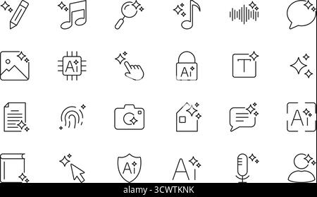 AI Multimedia User Interface generieren. Künstliche Intelligenzzeichen Mit Sparkle-Effekt. AI-Werkzeug und Symbol für Sparkle Line. Bearbeitbare Kontur. Isoliert Stock Vektor