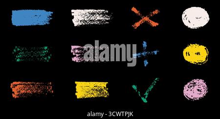 Buntes Kreidezeichen und Symbol-Symbol-Set. Handgezeichneter Pinselstrich, Kreuz und Zecke, Plus, Kreis und Highlight Silhouette Symbol Collection Stock Vektor