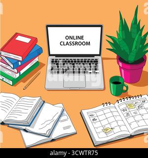 Online-Lerneinrichtung mit Laptopbüchern und Anlagen für den digitalen Unterricht und die Illustration des Fernstudiums Stock Vektor