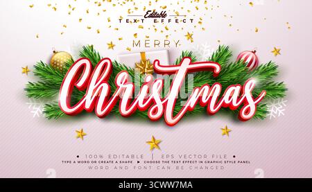 Frohe Weihnachten Texteffekt-Design editierbarer Vektor-Grafik-Stil mit roter 3D Typografie Schriftzug, Ornamenten und Tannenzweig auf weißem Hintergrund Stock Vektor