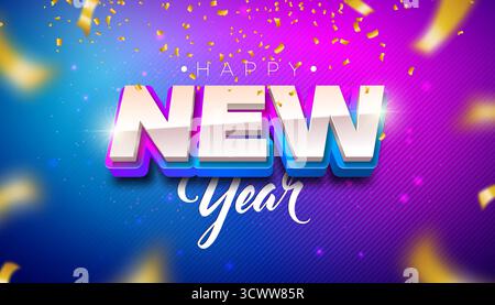 2026 Happy New Year Grußkarte Design mit 3D bunten Typografie Schriftzug und fallendem Konfetti auf blauem Hintergrund. Illustration Zu Weihnachtsfeiertagen Stock Vektor