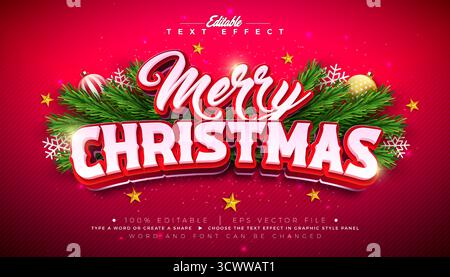 Frohe Weihnachten Texteffekt-Design editierbarer Vektor-Grafik-Stil mit roter 3D Typografie Schriftzug und Ornamente auf rotem Hintergrund. Winterurlaub Stock Vektor