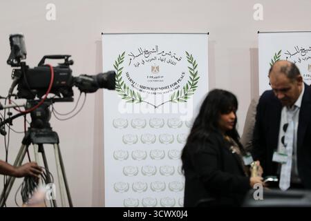 Sharm El Sheikh. Oktober 2025. Dieses am 13. Oktober 2025 aufgenommene Foto zeigt Plakate im Medienzentrum des Gipfels zur Konsolidierung des Waffenstillstands zwischen Israel und Hamas in Scharm el-Scheich, Ägypten. Die ägyptische Ferienstadt Scharm el-Sheikh am Roten Meer bereitet sich darauf vor, am Montag ein internationales Gipfeltreffen abzuhalten, um den Waffenstillstand zwischen Israel und der Hamas zu festigen und einen umfassenderen Nahost-Prozess voranzutreiben. Quelle: Sui Xiankai/Xinhua/Alamy Live News Stockfoto