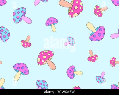 Nahtloses Pilzmuster. Pilze auf einem Stiel. Amanita-Pilz mit Punkten auf der Kappe. Hintergrund mit Fliegenpilzen oder Tapeten, Covern, Verpackungen und Stock Vektor