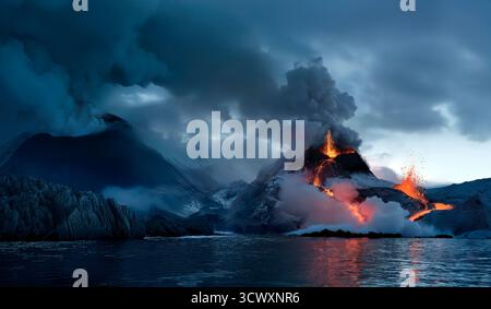 Vulkanausbruch mit Lava, die ins Meer fließt, und Wolken aus vulkanischer Asche. Stockfoto