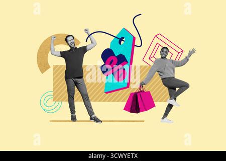 Composite Sketch Design Foto Collage von Paar junge Dame Mann Stand Shopaholic Werbung Kauf Konsumerismus Verkauf Rabatt niedriger Preis Stockfoto