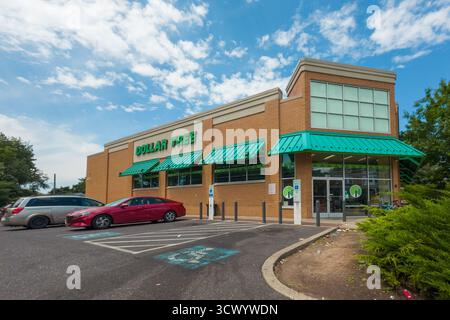 Eine große grün-weiße Ladenfront mit einer grünen Markise. Der Laden heißt Oak Tree Stockfoto