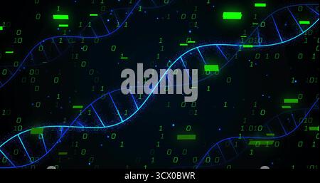Driftende neonblaue DNA-Helixstränge, die im Cyberspace fließen, mit grünen Binärziffern und Blöcken Stockfoto