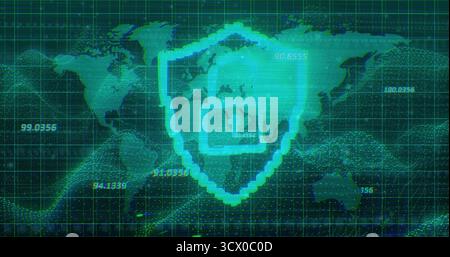 Anzeige des pixelfarbenen Schildes und des Vorhängeschlosses auf dem Digitaldisplay mit numerischen Streams des Weltenkartenrasters Stockfoto
