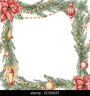 Aquarellrahmen mit Tannenzweigen, Weihnachtsstern und Weihnachtsschmuck. Illustration der Weihnachtsschablone mit Girlanden und Weihnachtsstern für Neujahrsgrußkarten oder Partyeinladungen. Feiertagskulisse Stockfoto
