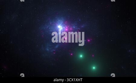 Bright clusters of stars and vibrant nebulae illuminate the dark expanse of space. Colored lights create a stunning display against the backdrop of th Stockfoto